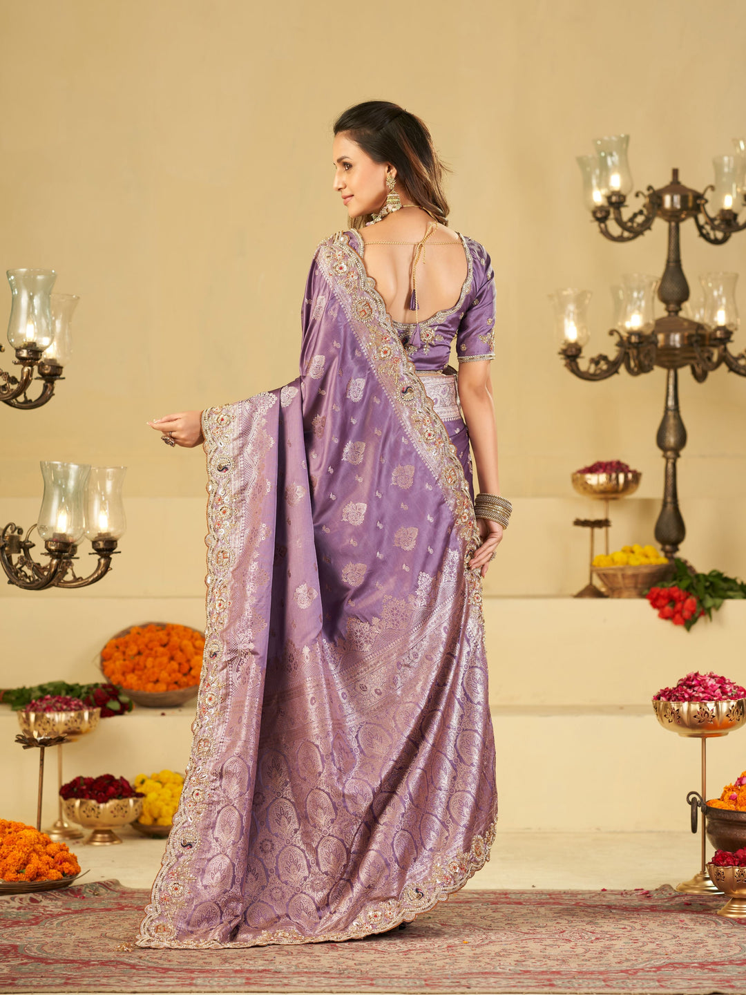 Lavender Purple Banarasi Silk Saree with Heavy Embroidered Border & Rich Zari Woven Pallu | Designer Wedding Festive Saree