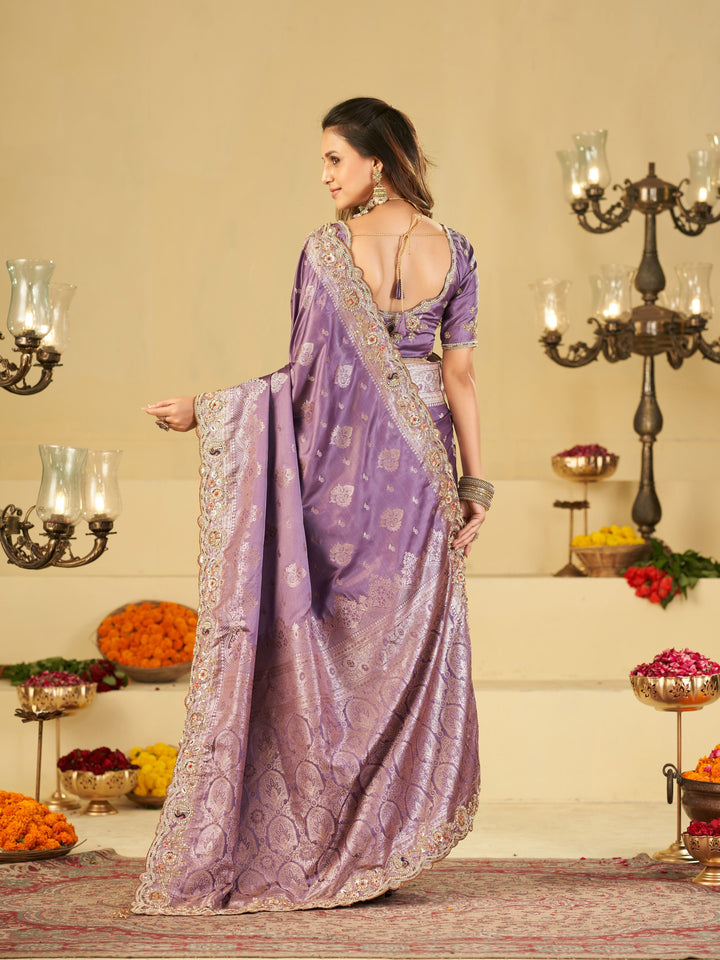Lavender Purple Banarasi Silk Saree with Heavy Embroidered Border & Rich Zari Woven Pallu | Designer Wedding Festive Saree
