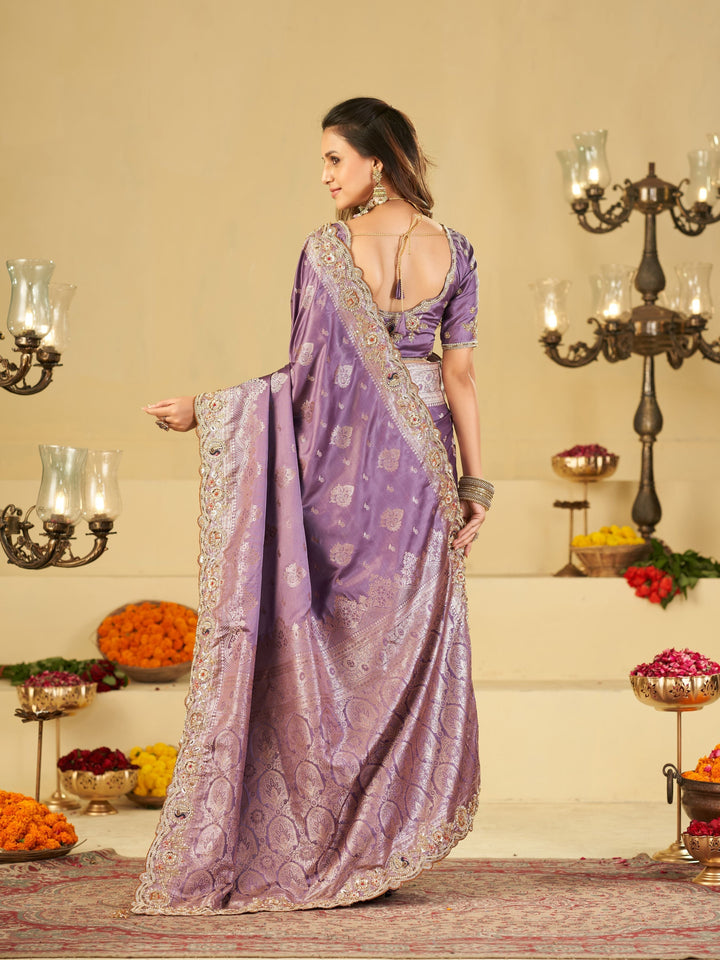 Lavender Purple Banarasi Silk Saree with Heavy Embroidered Border & Rich Zari Woven Pallu | Designer Wedding Festive Saree