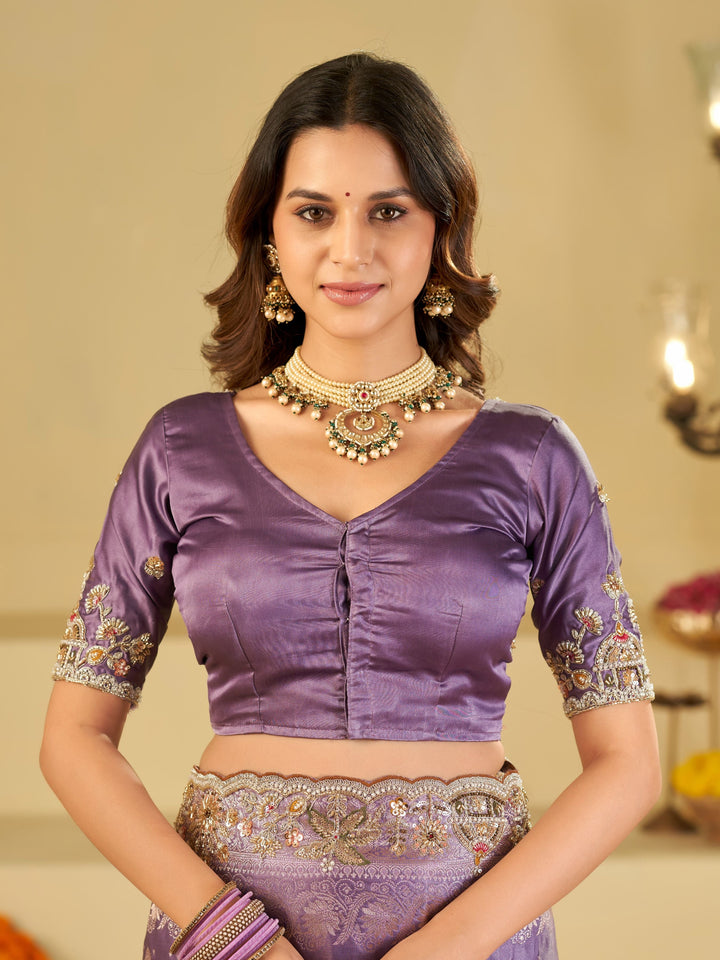 Lavender Banarasi Silk Saree with Heavy Embroidered Border & Rich Zari Woven Pallu | Designer Festive Wedding Saree