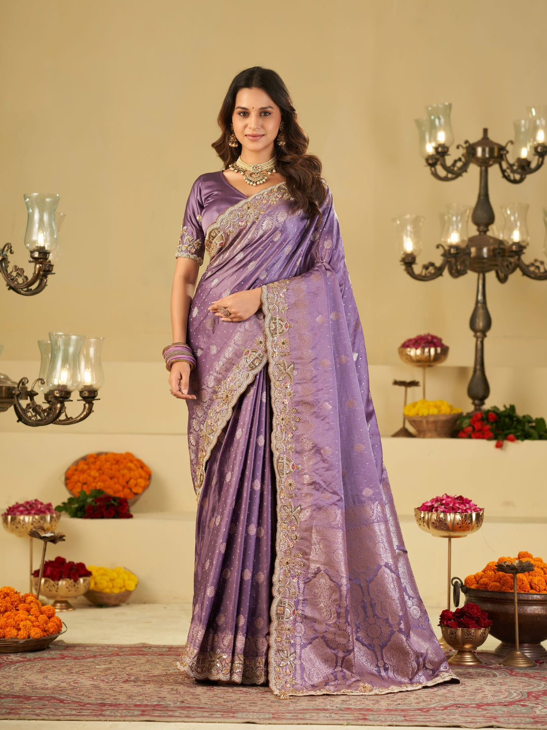 Lavender Banarasi Silk Saree with Heavy Embroidered Border & Rich Zari Woven Pallu | Designer Festive Wedding Saree
