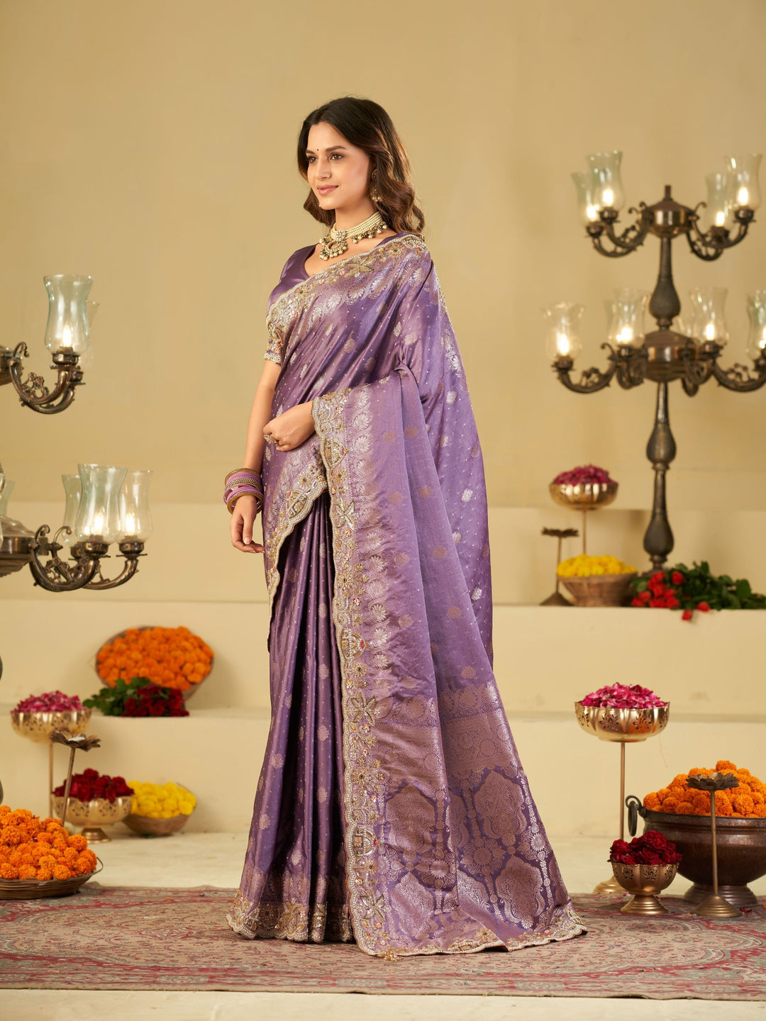Lavender Banarasi Silk Saree with Heavy Embroidered Border & Rich Zari Woven Pallu | Designer Festive Wedding Saree