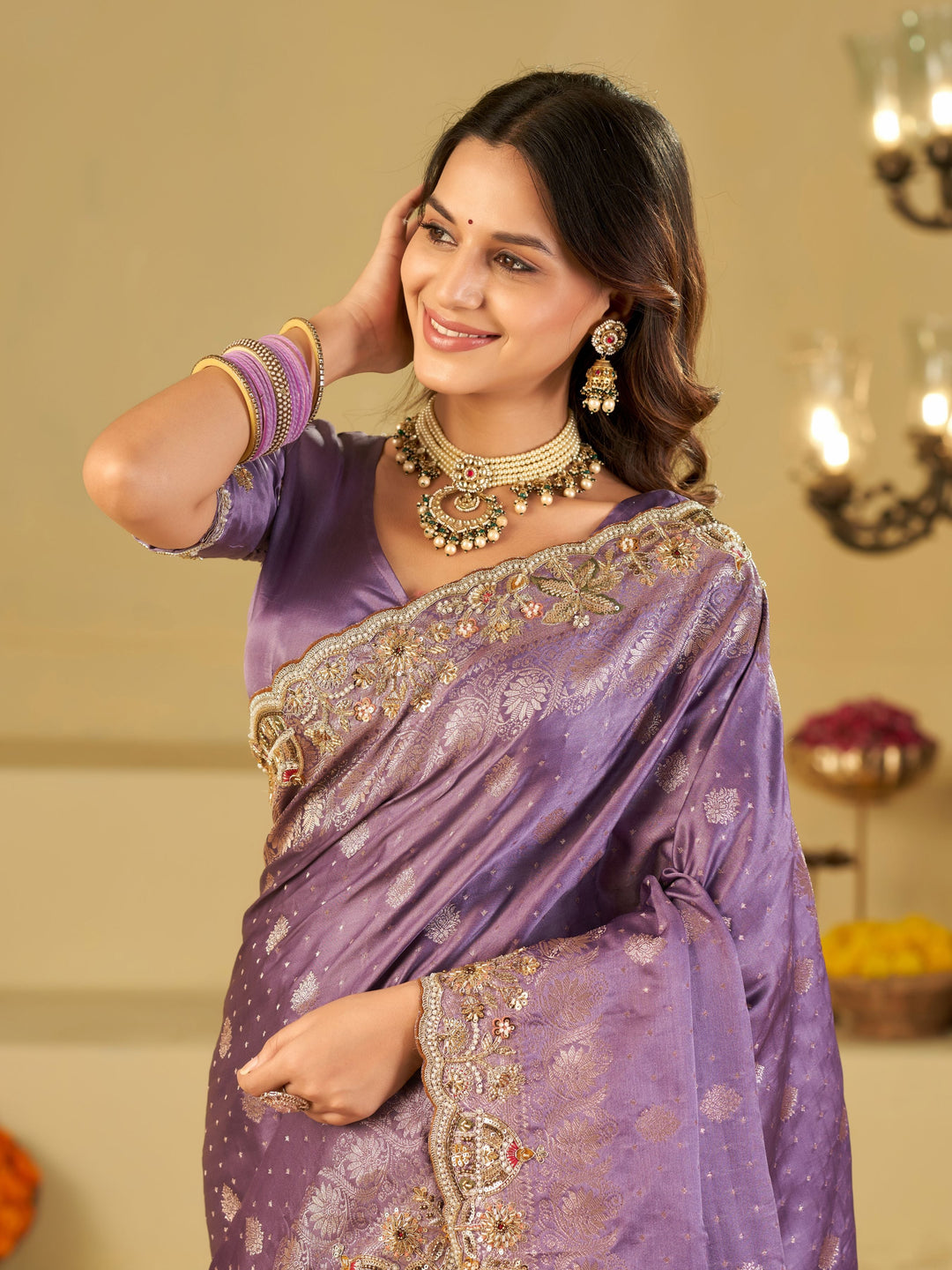 Lavender Banarasi Silk Saree with Heavy Embroidered Border & Rich Zari Woven Pallu | Designer Festive Wedding Saree