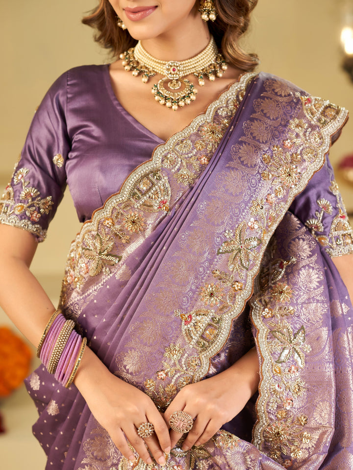 Lavender Banarasi Silk Saree with Heavy Embroidered Border & Rich Zari Woven Pallu | Designer Festive Wedding Saree