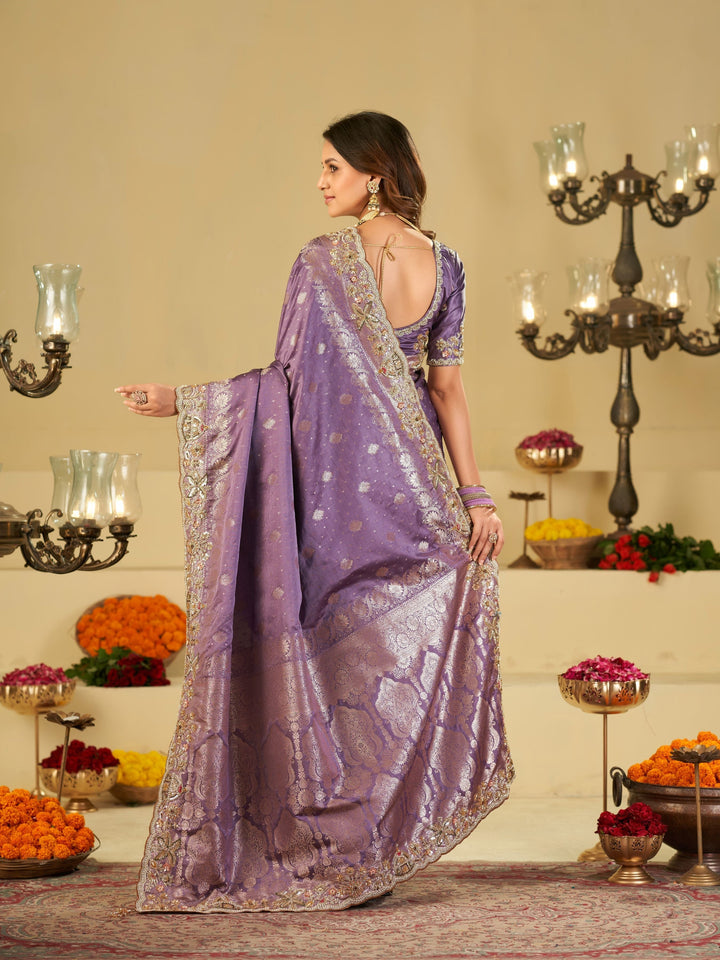 Lavender Banarasi Silk Saree with Heavy Embroidered Border & Rich Zari Woven Pallu | Designer Festive Wedding Saree