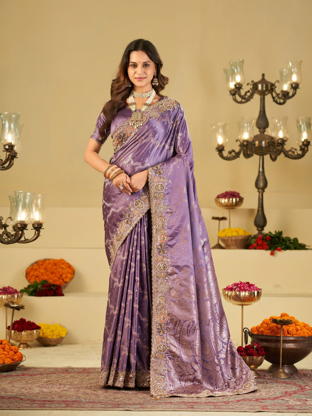 Lavender Purple Banarasi Silk Saree with Heavy Embroidered Border & Rich Zari Woven Pallu | Designer Festive Wedding Saree