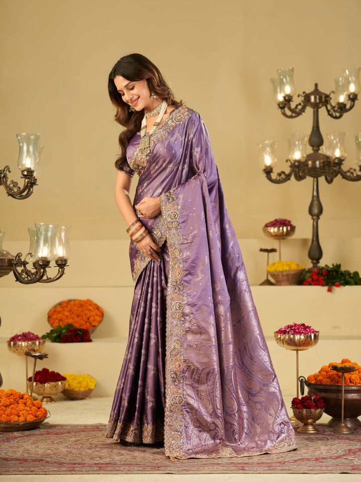 Lavender Purple Banarasi Silk Saree with Heavy Embroidered Border & Rich Zari Woven Pallu | Designer Festive Wedding Saree