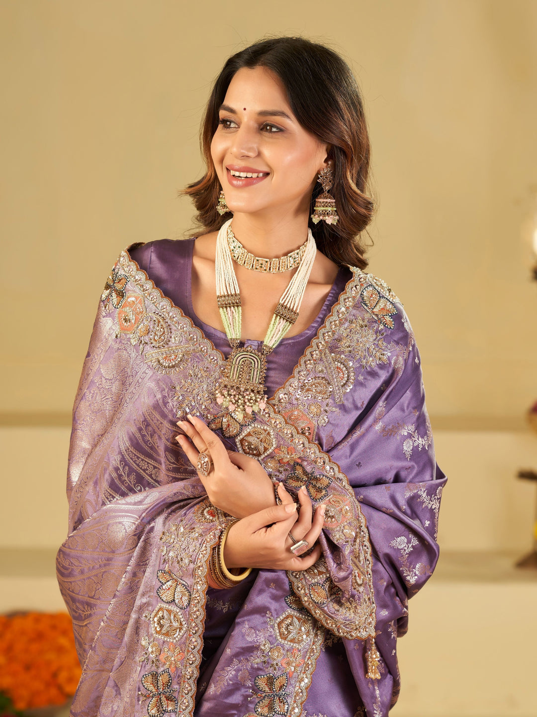 Lavender Purple Banarasi Silk Saree with Heavy Embroidered Border & Rich Zari Woven Pallu | Designer Festive Wedding Saree