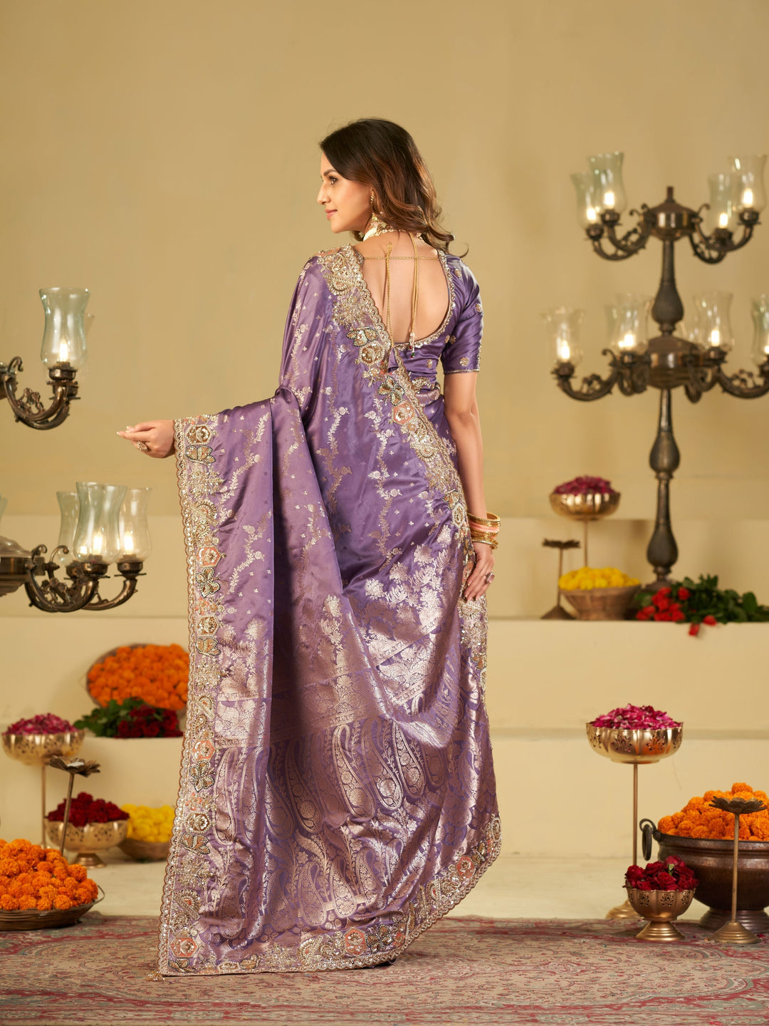 Lavender Purple Banarasi Silk Saree with Heavy Embroidered Border & Rich Zari Woven Pallu | Designer Festive Wedding Saree
