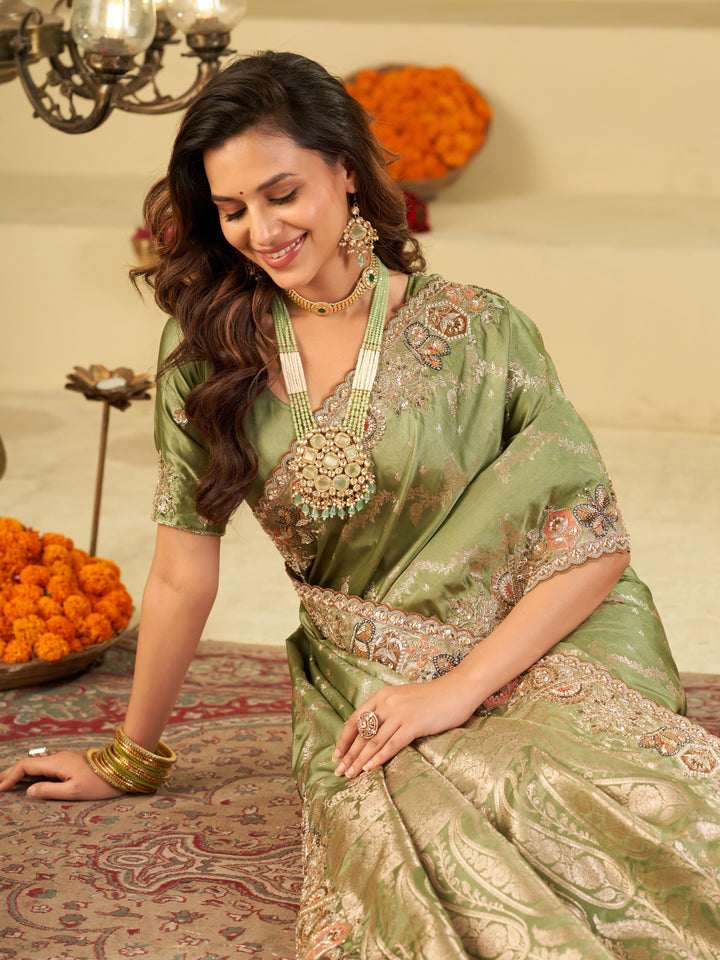 Olive Green Banarasi Silk Saree with Heavy Embroidered Border & Rich Zari Woven Pallu | Designer Wedding & Festive Saree