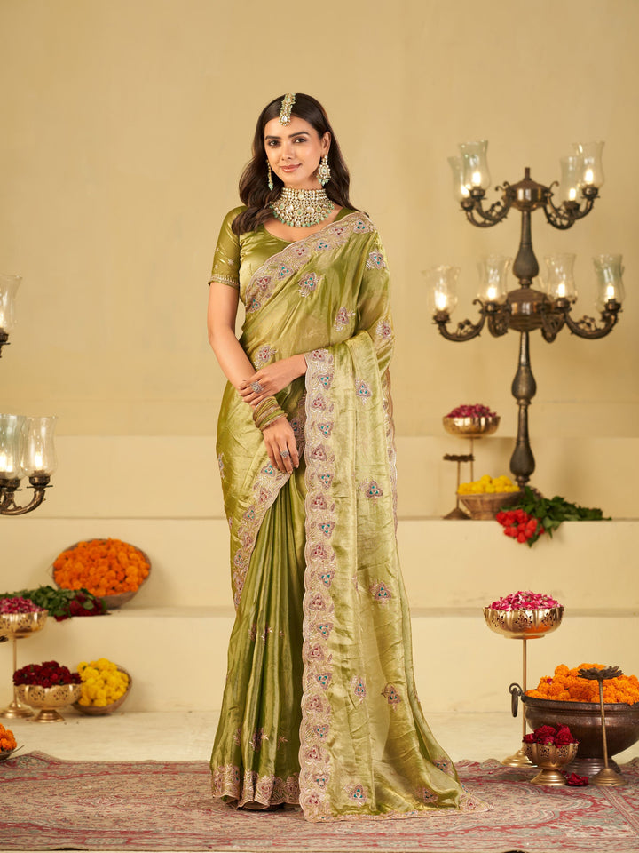 Olive Green Designer Fendy Satin Saree with Heavy Embroidered Border | Elegant Festive Party Wear Saree with Intricate Embroidery & Matching Blouse