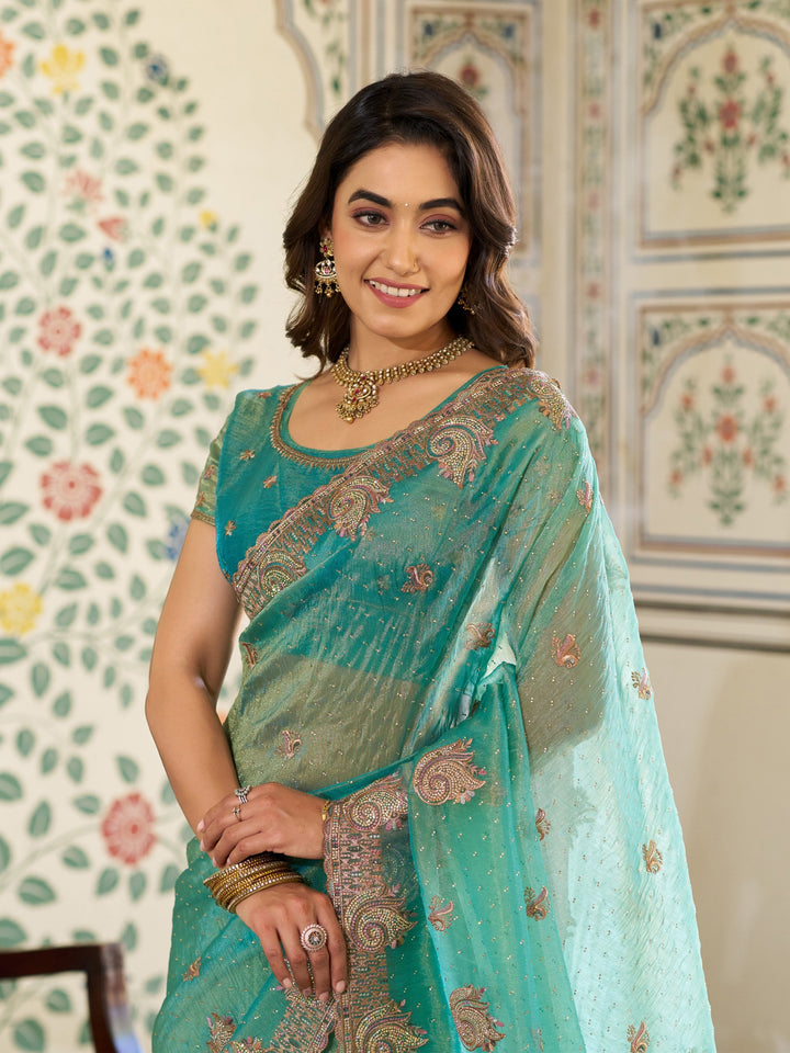 Aqua Green Fendy Satin Embroidered Saree with Paisley Motifs & Zari Border | Designer Festive Saree with Tassels & Heavy Embroidered Blouse