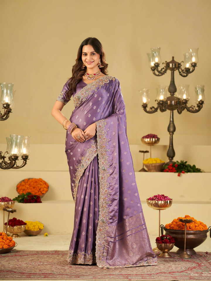 Lavender Purple Banarasi Silk Saree with Heavy Embroidered Border & Rich Zari Woven Pallu | Designer Festive Wedding Saree
