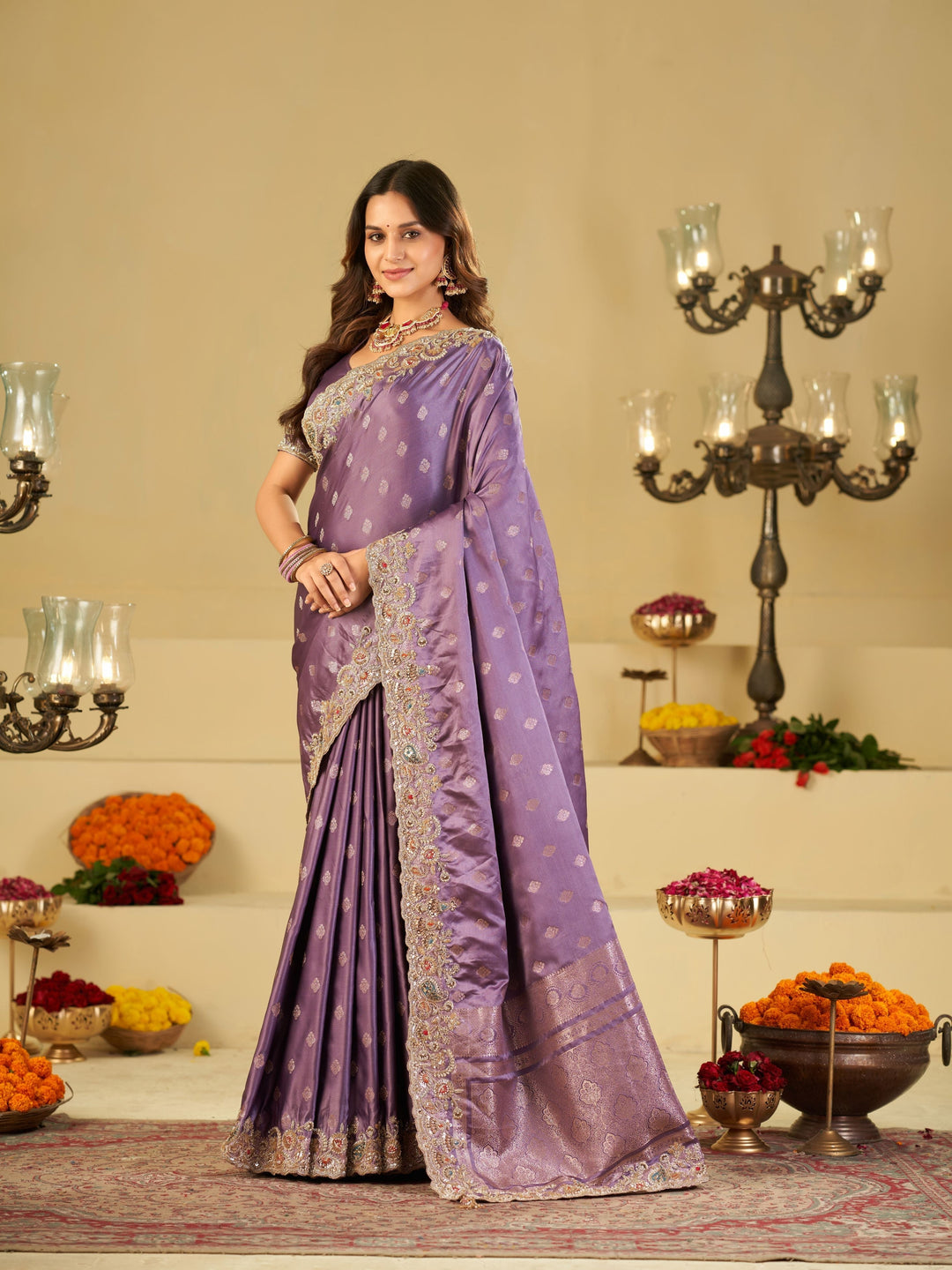 Lavender Purple Banarasi Silk Saree with Heavy Embroidered Border & Rich Zari Woven Pallu | Designer Festive Wedding Saree