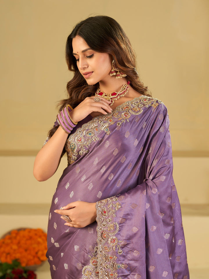 Lavender Purple Banarasi Silk Saree with Heavy Embroidered Border & Rich Zari Woven Pallu | Designer Festive Wedding Saree