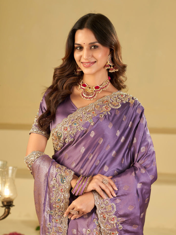 Lavender Purple Banarasi Silk Saree with Heavy Embroidered Border & Rich Zari Woven Pallu | Designer Festive Wedding Saree