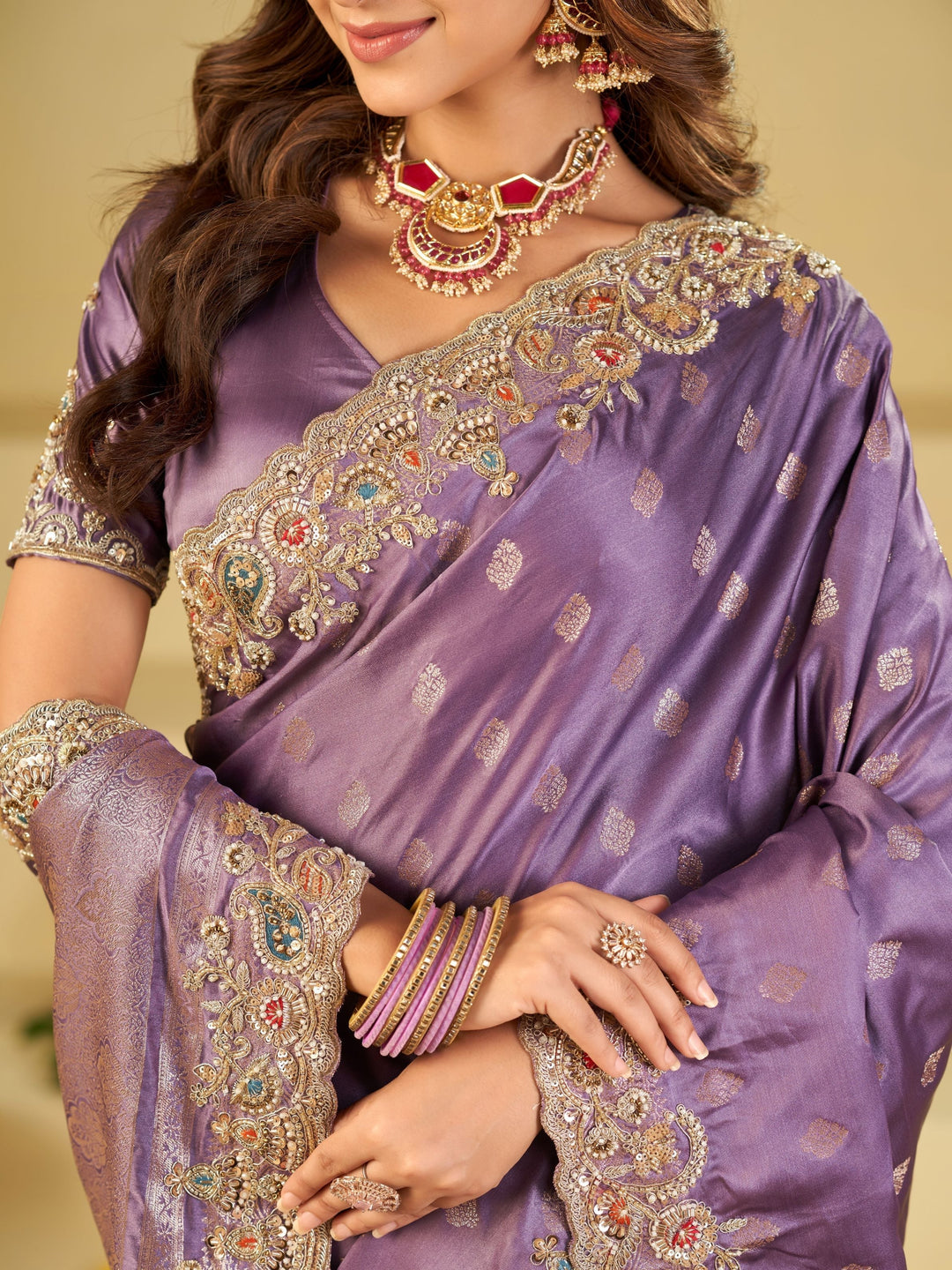 Lavender Purple Banarasi Silk Saree with Heavy Embroidered Border & Rich Zari Woven Pallu | Designer Festive Wedding Saree