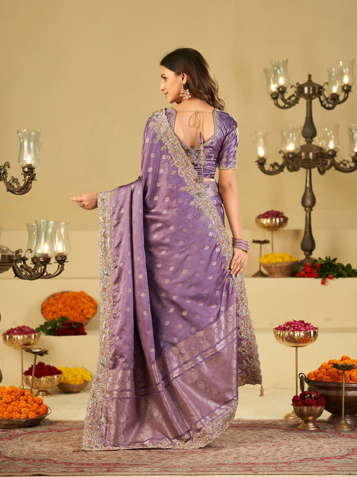 Lavender Purple Banarasi Silk Saree with Heavy Embroidered Border & Rich Zari Woven Pallu | Designer Festive Wedding Saree