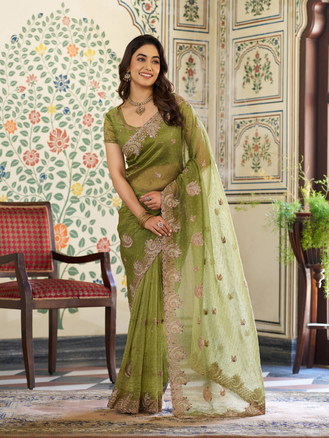 Olive Green Fendy Satin Embroidered Saree with Paisley Motifs & Zari Border | Designer Festive Saree with Tassels & Heavy Embroidered Blouse