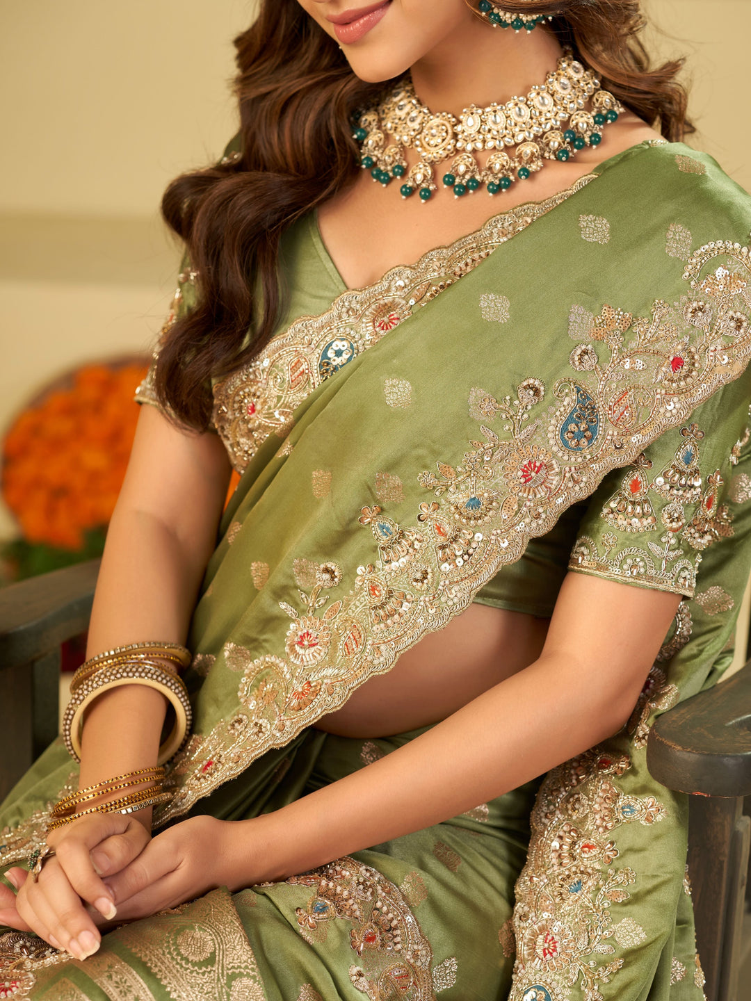 Pista Green Banarasi Silk Saree with Heavy Embroidered Border & Rich Zari Woven Pallu | Designer Festive Wedding Saree