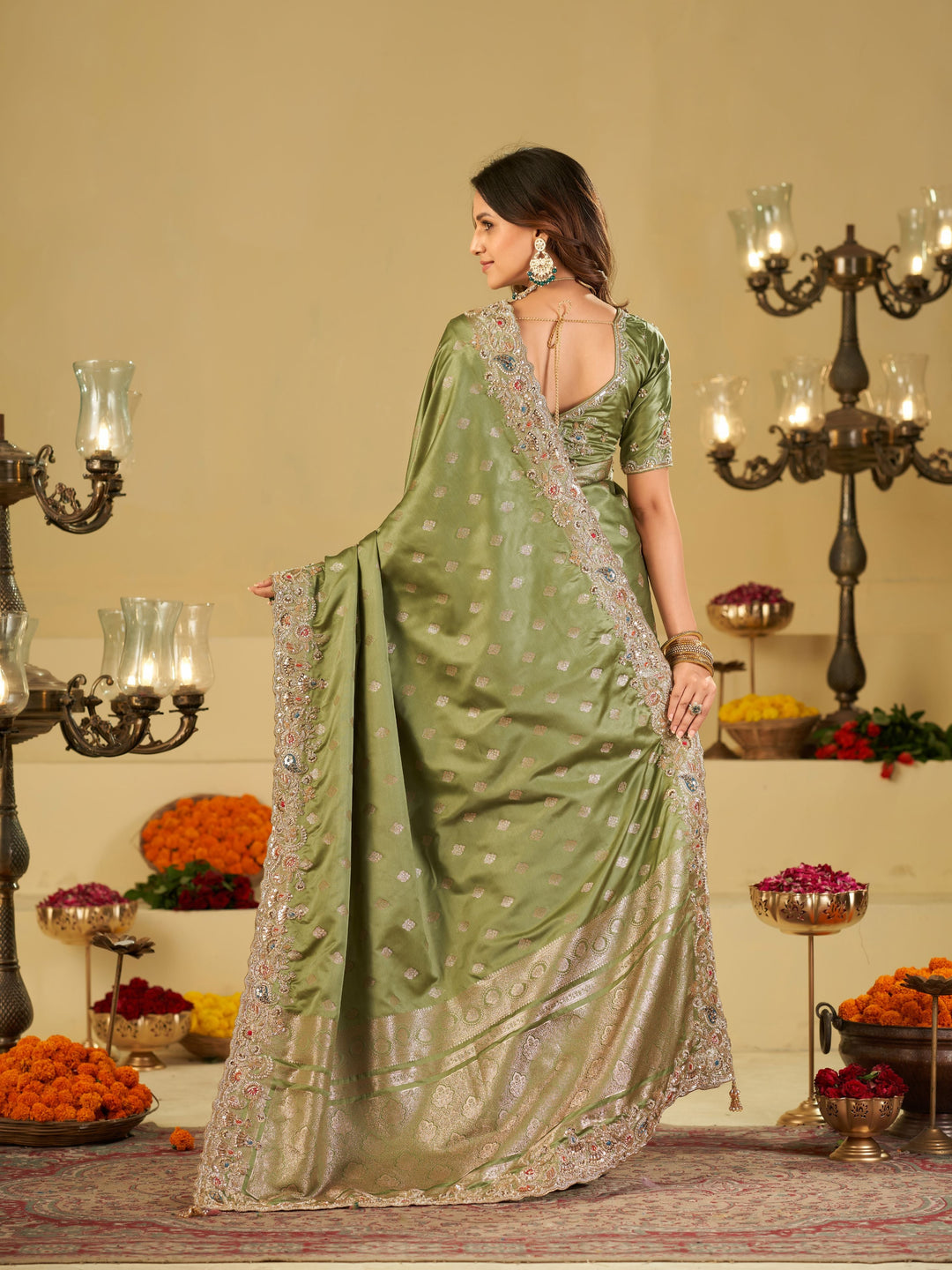 Pista Green Banarasi Silk Saree with Heavy Embroidered Border & Rich Zari Woven Pallu | Designer Festive Wedding Saree