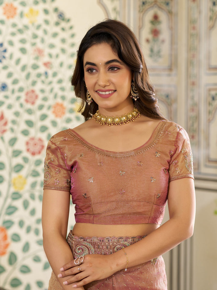 Dusty Rose Pink Fendy Satin Embroidered Saree with Paisley Motifs & Zari Border | Designer Festive Saree with Tassels & Heavy Embroidered Blouse