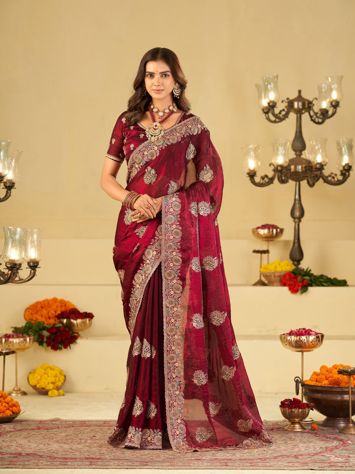 Wine Designer Fendy Satin Saree with Heavy Zari Embroidery Work | Premium Party Wear Wedding Saree with Embroidered Border & Blouse