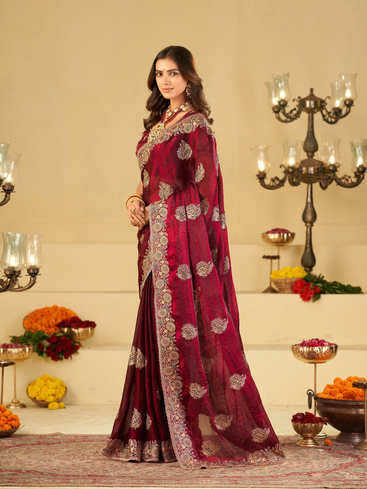Wine Designer Fendy Satin Saree with Heavy Zari Embroidery Work | Premium Party Wear Wedding Saree with Embroidered Border & Blouse