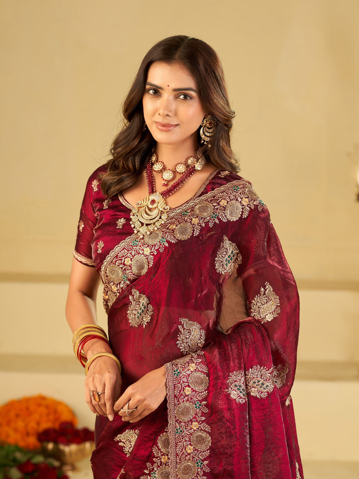 Wine Designer Fendy Satin Saree with Heavy Zari Embroidery Work | Premium Party Wear Wedding Saree with Embroidered Border & Blouse