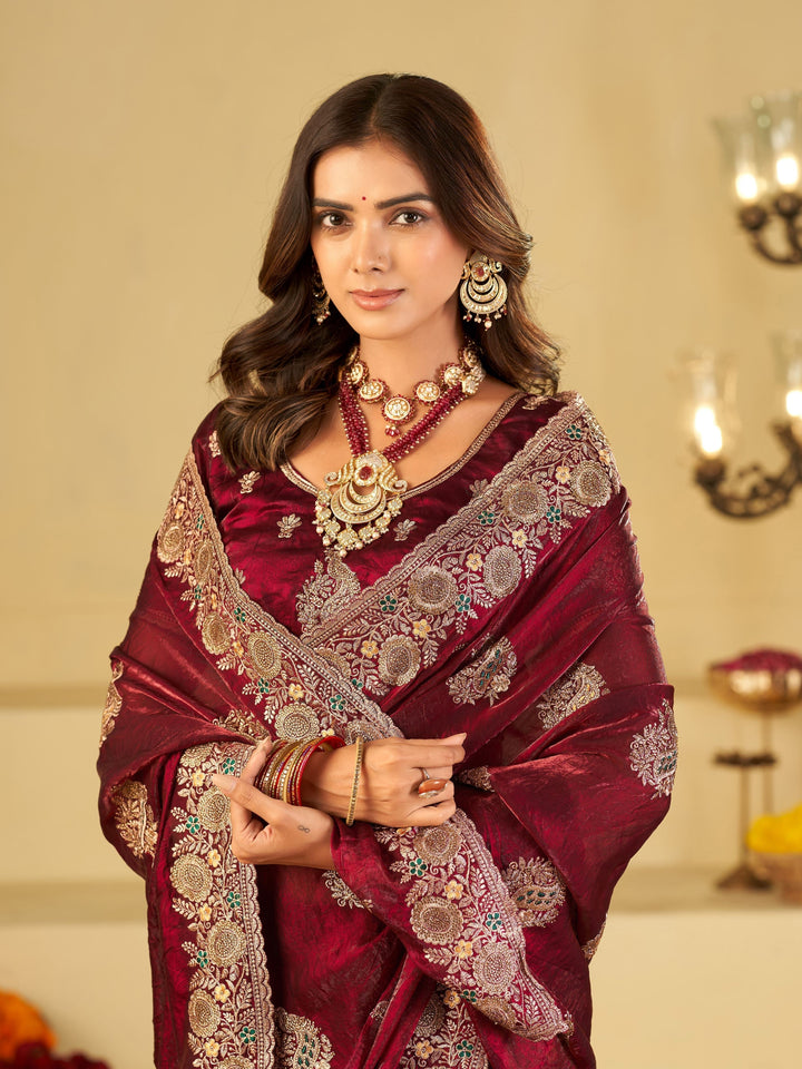 Wine Designer Fendy Satin Saree with Heavy Zari Embroidery Work | Premium Party Wear Wedding Saree with Embroidered Border & Blouse
