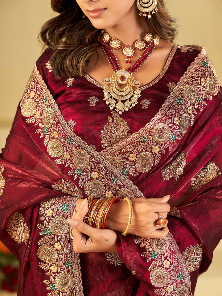 Wine Designer Fendy Satin Saree with Heavy Zari Embroidery Work | Premium Party Wear Wedding Saree with Embroidered Border & Blouse