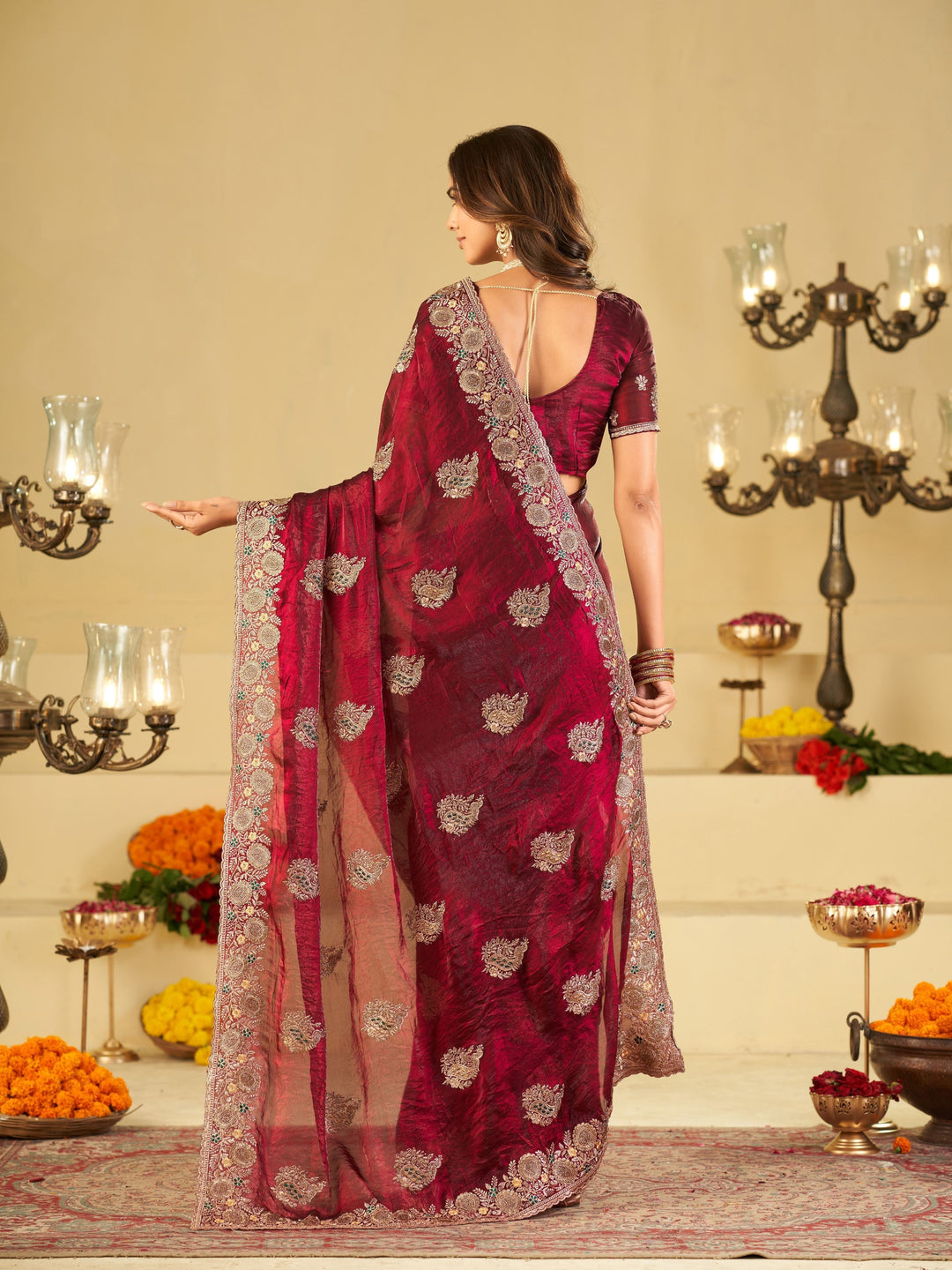 Wine Designer Fendy Satin Saree with Heavy Zari Embroidery Work | Premium Party Wear Wedding Saree with Embroidered Border & Blouse