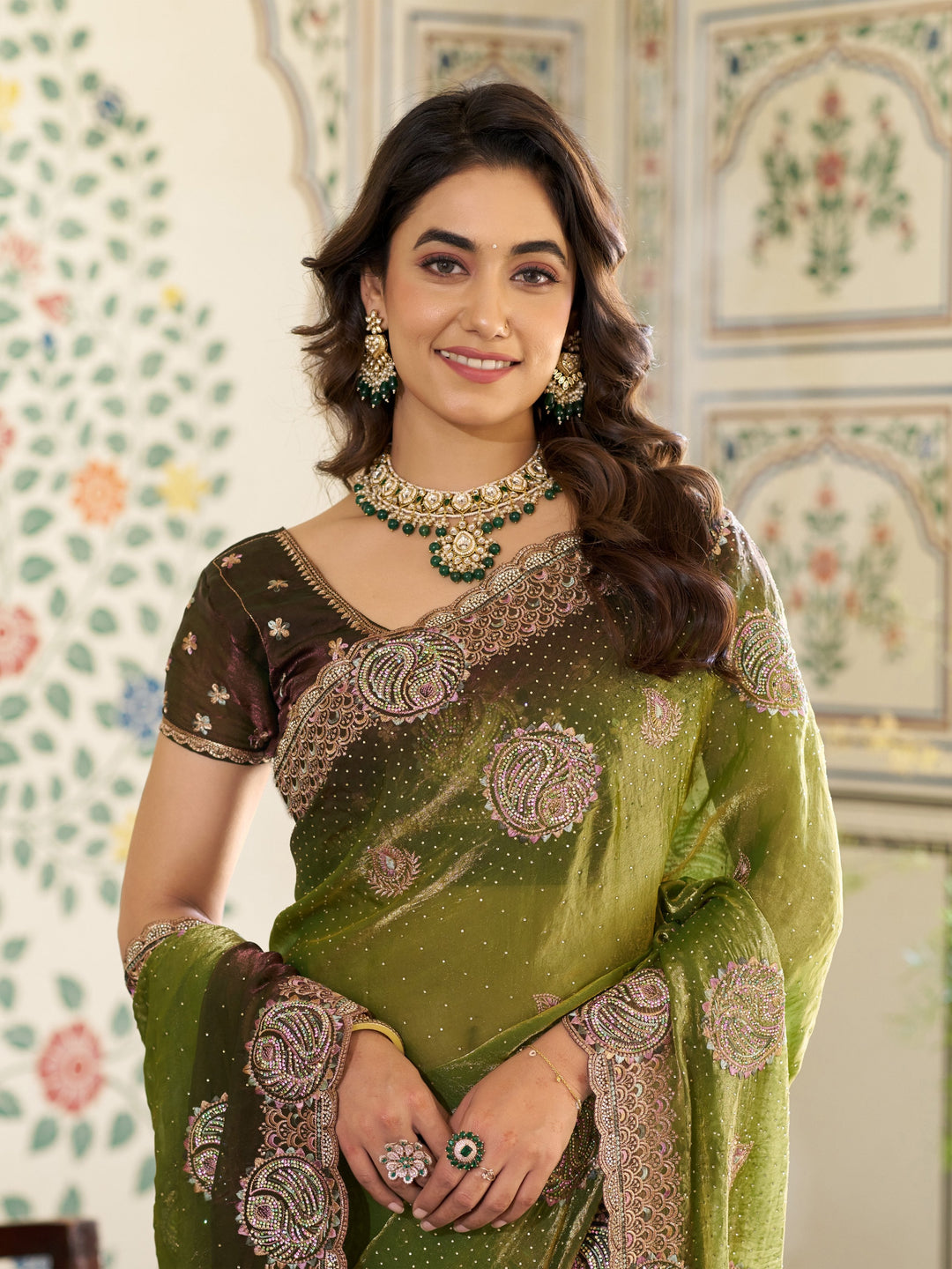 Olive Green Fendy Satin Designer Embroidered Saree with Floral & Paisley Motifs | Premium Festive Saree with Zari Border, Tassels & Heavy Embroidered Blouse