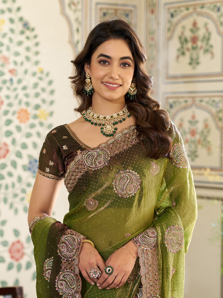 Olive Green Fendy Satin Designer Embroidered Saree with Floral & Paisley Motifs | Premium Festive Saree with Zari Border, Tassels & Heavy Embroidered Blouse