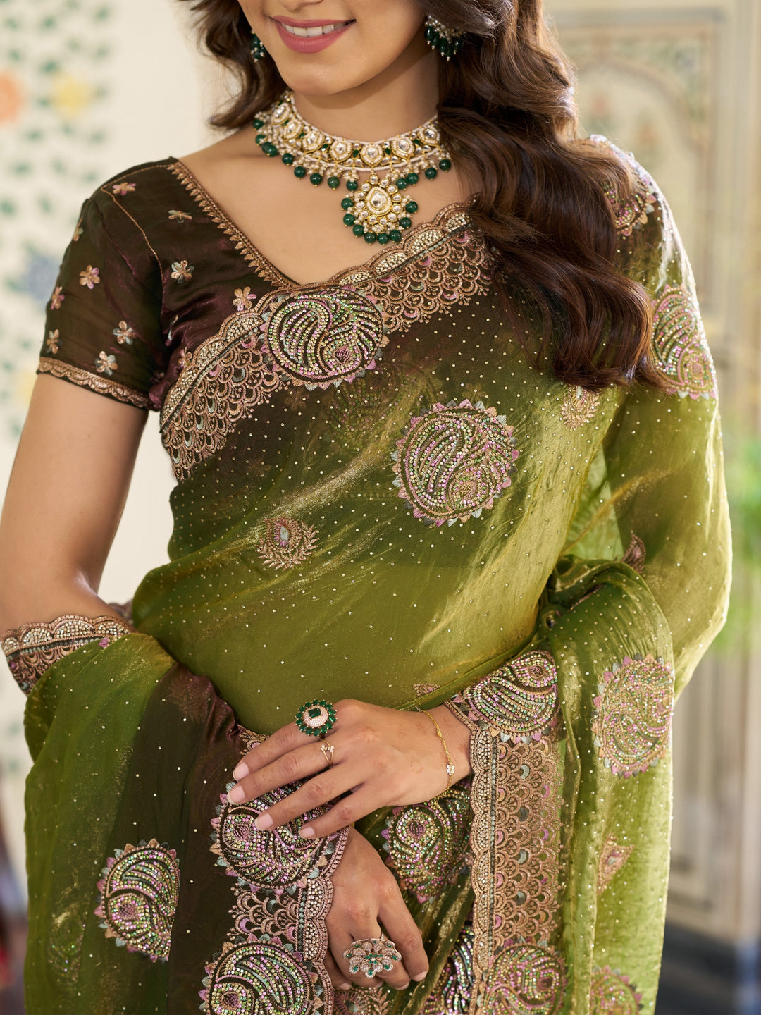 Olive Green Fendy Satin Designer Embroidered Saree with Floral & Paisley Motifs | Premium Festive Saree with Zari Border, Tassels & Heavy Embroidered Blouse