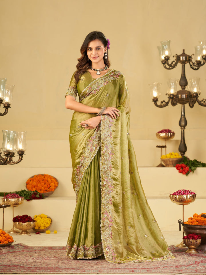 Olive Green Fendy Satin Saree with Floral Embroidery Border | Designer Embroidered Party Wear Saree with Blouse