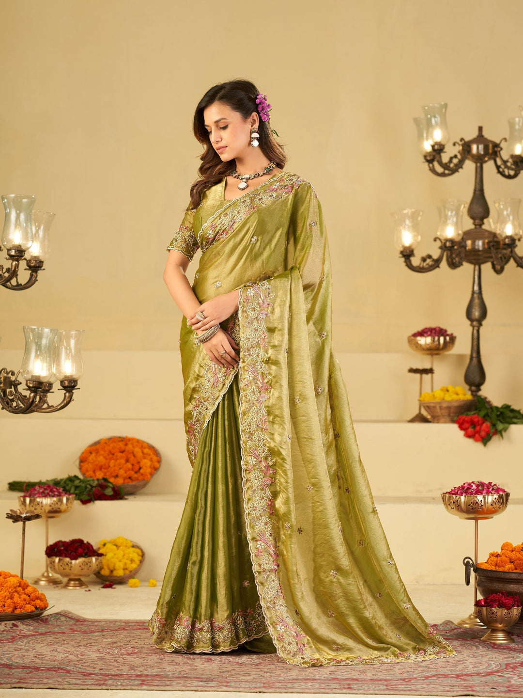 Olive Green Fendy Satin Saree with Floral Embroidery Border | Designer Embroidered Party Wear Saree with Blouse