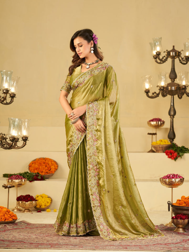 Olive Green Fendy Satin Saree with Floral Embroidery Border | Designer Embroidered Party Wear Saree with Blouse