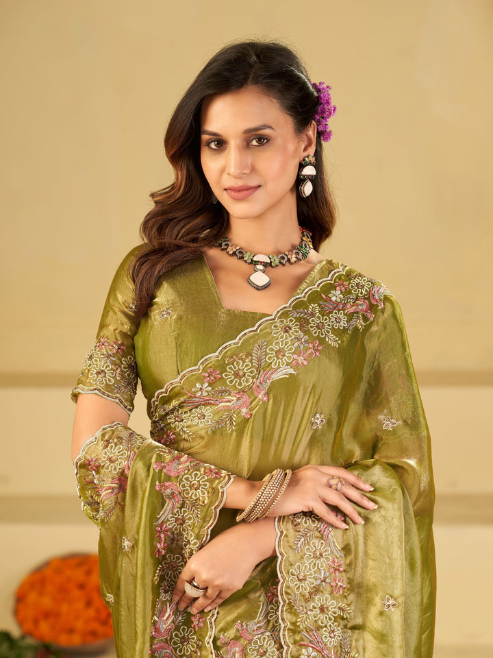 Olive Green Fendy Satin Saree with Floral Embroidery Border | Designer Embroidered Party Wear Saree with Blouse