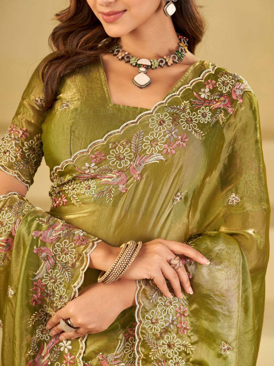 Olive Green Fendy Satin Saree with Floral Embroidery Border | Designer Embroidered Party Wear Saree with Blouse