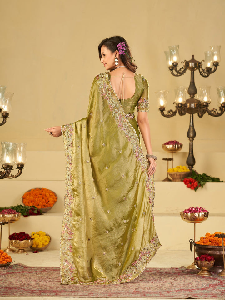 Olive Green Fendy Satin Saree with Floral Embroidery Border | Designer Embroidered Party Wear Saree with Blouse