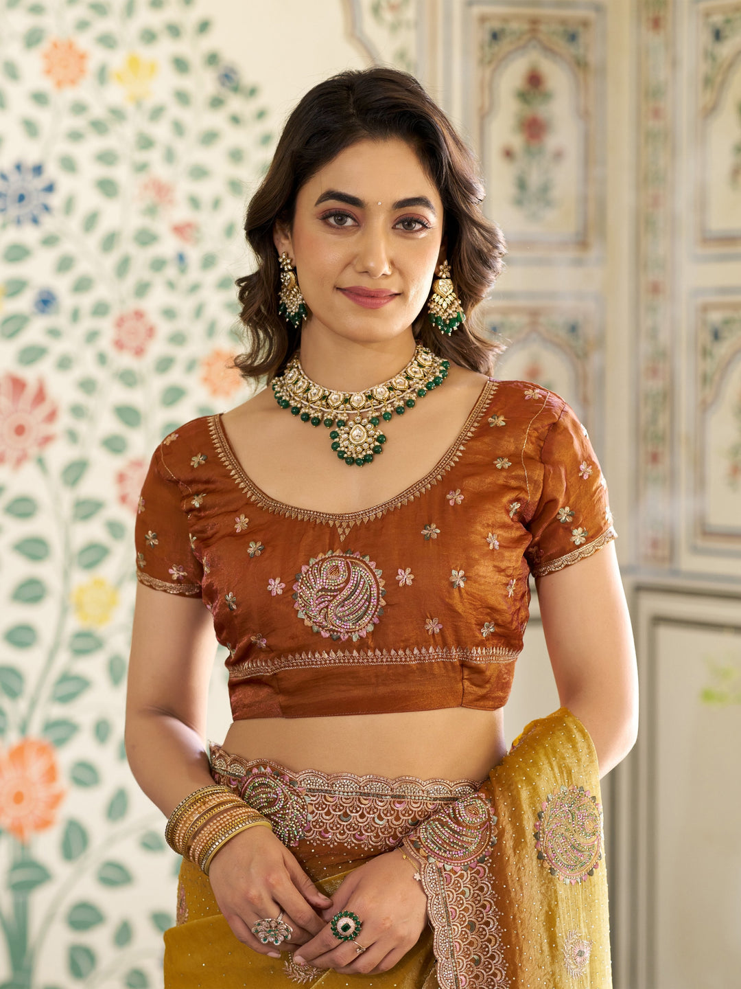 Dual Tone Mustard Yellow & Rust Fendy Satin Embroidered Saree with Paisley Motifs & Zari Border | Designer Festive Saree with Tassels & Heavy Embroidered Blouse