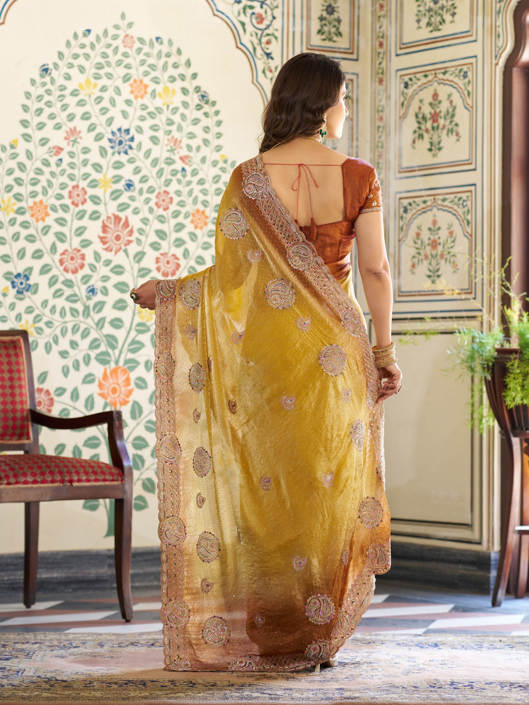 Dual Tone Mustard Yellow & Rust Fendy Satin Embroidered Saree with Paisley Motifs & Zari Border | Designer Festive Saree with Tassels & Heavy Embroidered Blouse