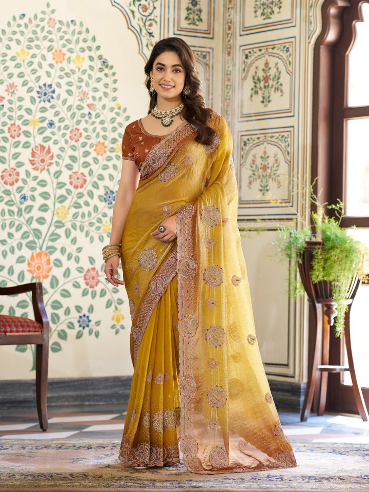 Dual Tone Mustard Yellow & Rust Fendy Satin Embroidered Saree with Paisley Motifs & Zari Border | Designer Festive Saree with Tassels & Heavy Embroidered Blouse