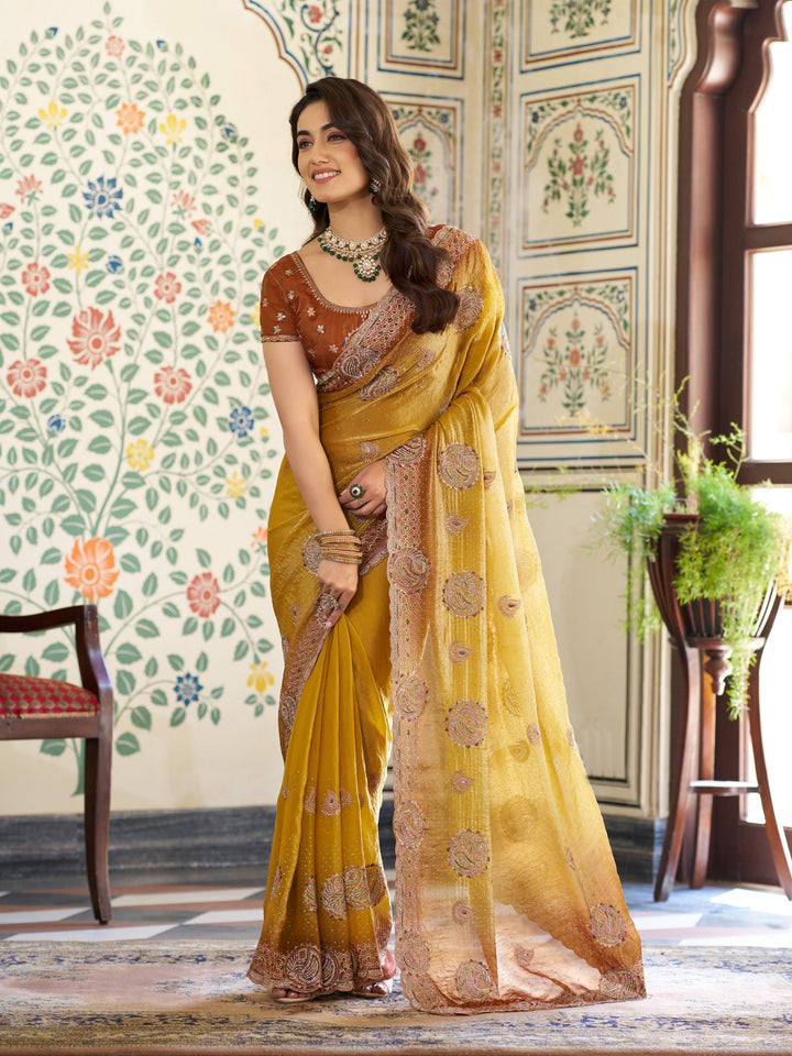 Dual Tone Mustard Yellow & Rust Fendy Satin Embroidered Saree with Paisley Motifs & Zari Border | Designer Festive Saree with Tassels & Heavy Embroidered Blouse