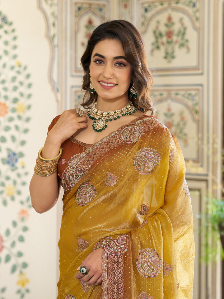 Dual Tone Mustard Yellow & Rust Fendy Satin Embroidered Saree with Paisley Motifs & Zari Border | Designer Festive Saree with Tassels & Heavy Embroidered Blouse