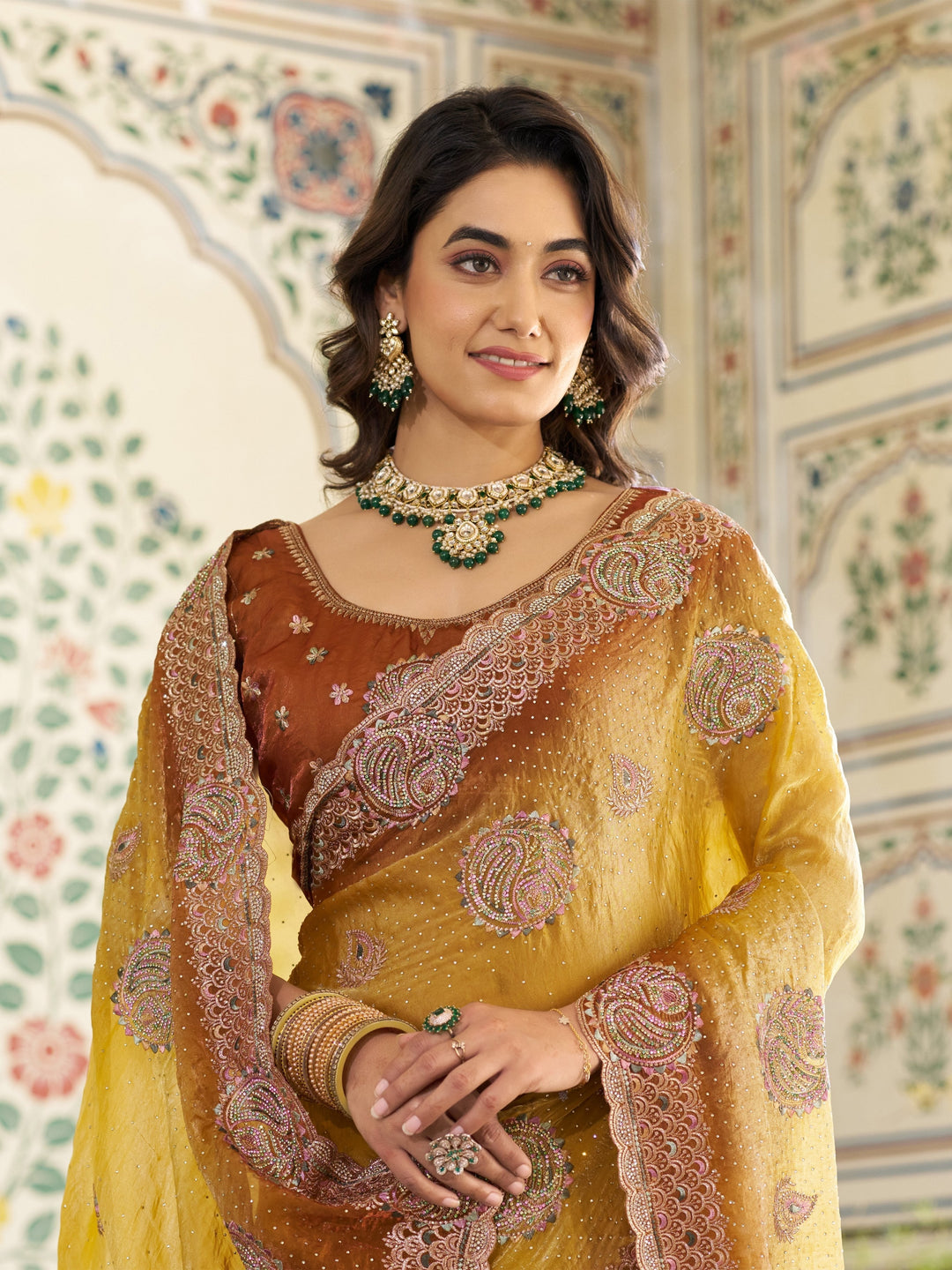 Dual Tone Mustard Yellow & Rust Fendy Satin Embroidered Saree with Paisley Motifs & Zari Border | Designer Festive Saree with Tassels & Heavy Embroidered Blouse