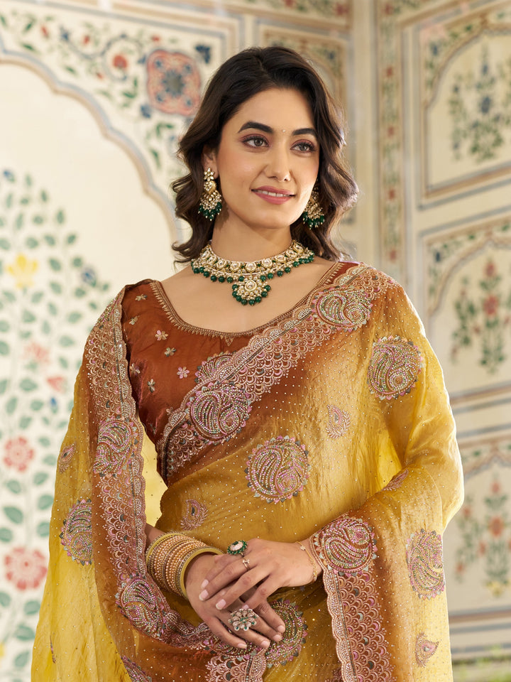 Dual Tone Mustard Yellow & Rust Fendy Satin Embroidered Saree with Paisley Motifs & Zari Border | Designer Festive Saree with Tassels & Heavy Embroidered Blouse