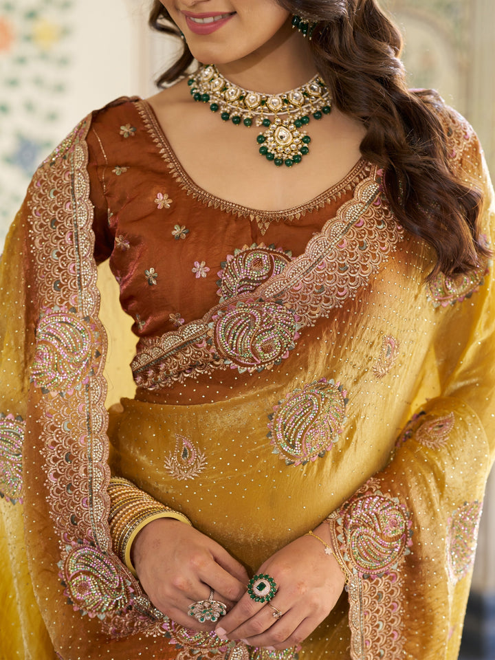 Dual Tone Mustard Yellow & Rust Fendy Satin Embroidered Saree with Paisley Motifs & Zari Border | Designer Festive Saree with Tassels & Heavy Embroidered Blouse