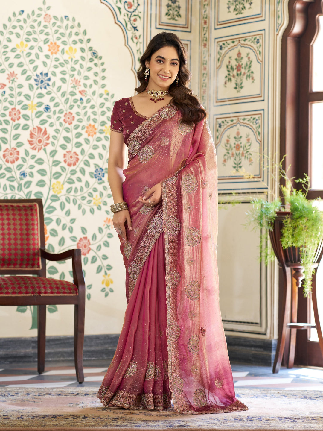 Dual Tone Wine Pink Fendy Satin Embroidered Saree with Paisley Motifs & Rich Zari Border | Designer Festive Saree with Tassels & Heavy Embroidered Blouse